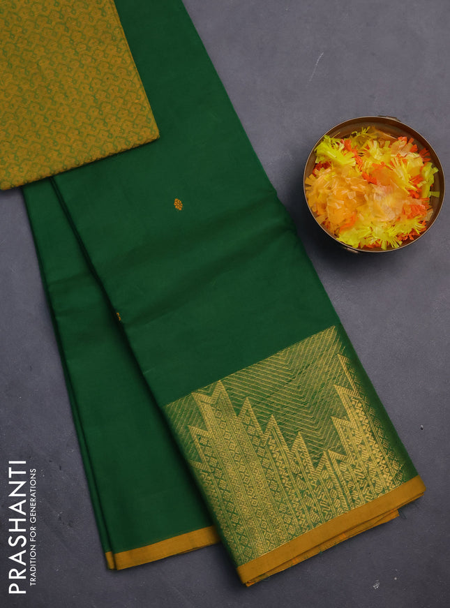 Chettinad cotton saree green and mustard yellow with thread woven buttas and temple design zari woven border