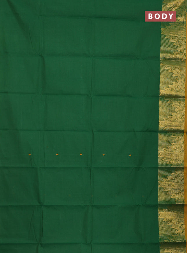 Chettinad cotton saree green and mustard yellow with thread woven buttas and temple design zari woven border