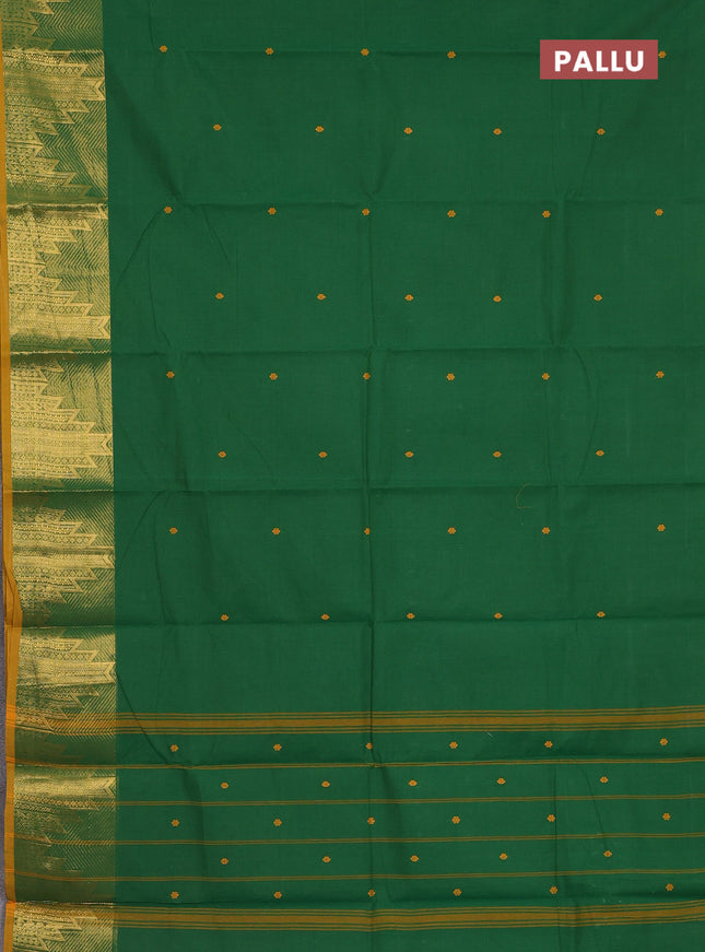 Chettinad cotton saree green and mustard yellow with thread woven buttas and temple design zari woven border