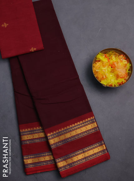 Chettinad cotton saree deep maroon and maroon with thread woven buttas and rettapet zari woven border