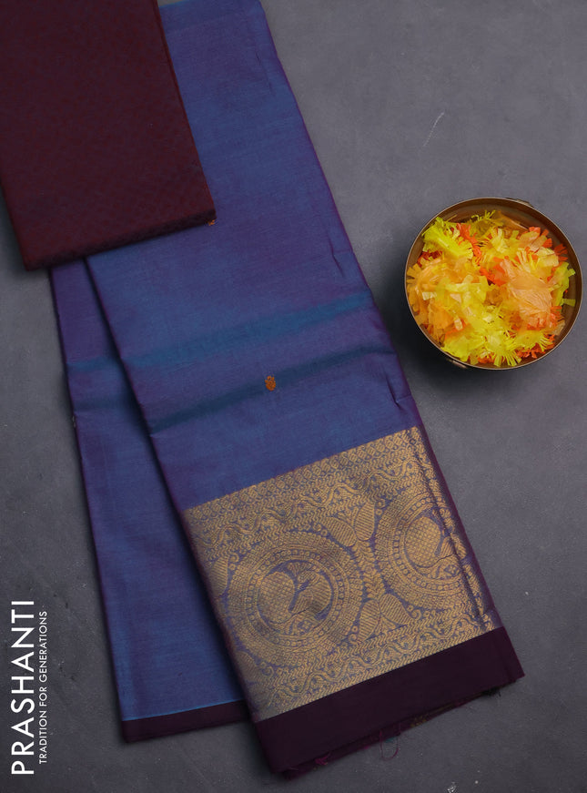Chettinad cotton saree dual shade of blue and wine shade with thread woven buttas and annam zari woven border
