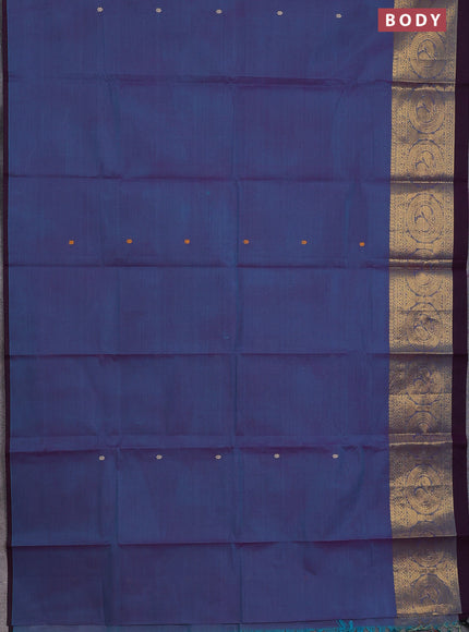 Chettinad cotton saree dual shade of blue and wine shade with thread woven buttas and annam zari woven border
