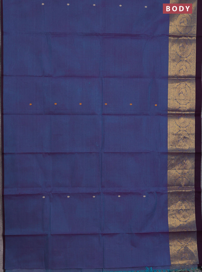 Chettinad cotton saree dual shade of blue and wine shade with thread woven buttas and annam zari woven border