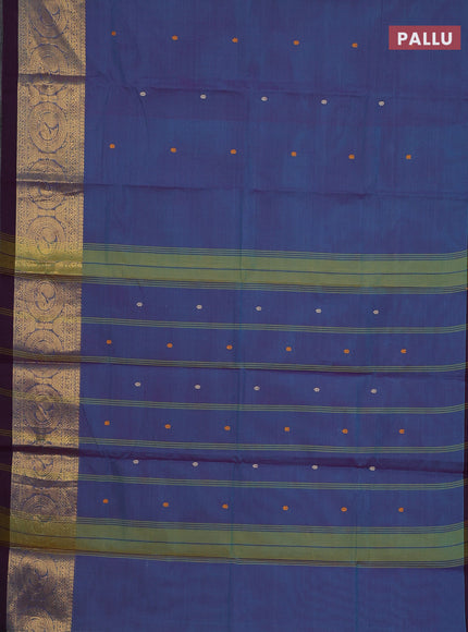 Chettinad cotton saree dual shade of blue and wine shade with thread woven buttas and annam zari woven border