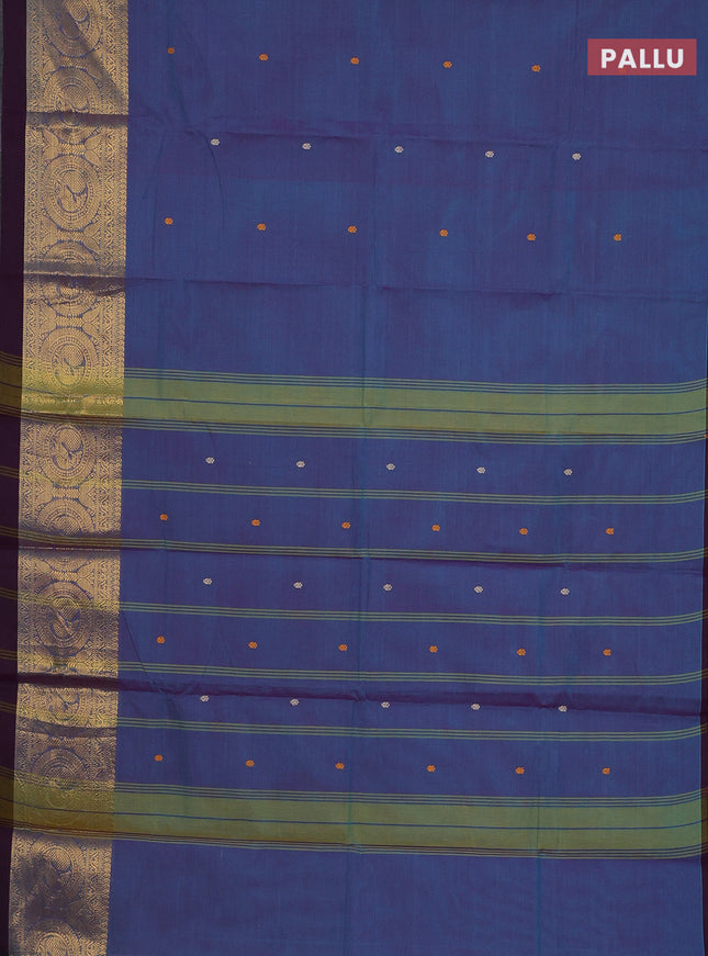 Chettinad cotton saree dual shade of blue and wine shade with thread woven buttas and annam zari woven border