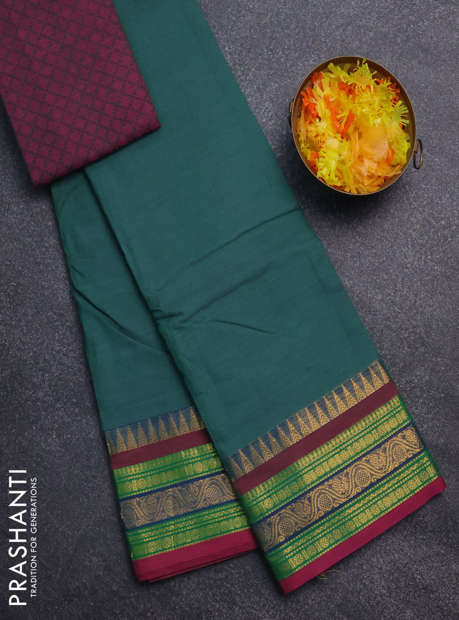 Chettinad cotton saree teal green and pink with thread woven buttas and zari woven border