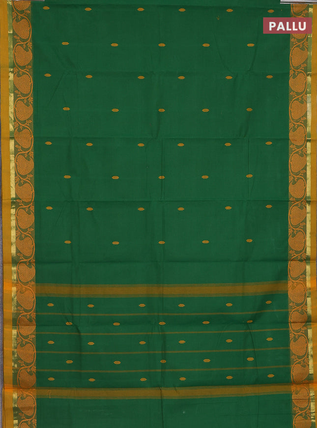 Chettinad cotton saree green and yellow with thread woven buttas and thread & zari woven border