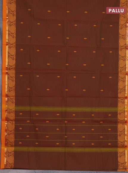 Chettinad cotton saree manthulir green and mango yellow with thread woven buttas and thread & zari woven border