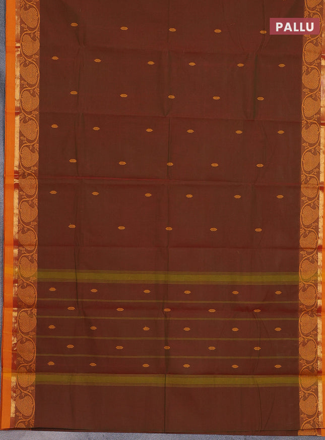 Chettinad cotton saree manthulir green and mango yellow with thread woven buttas and thread & zari woven border