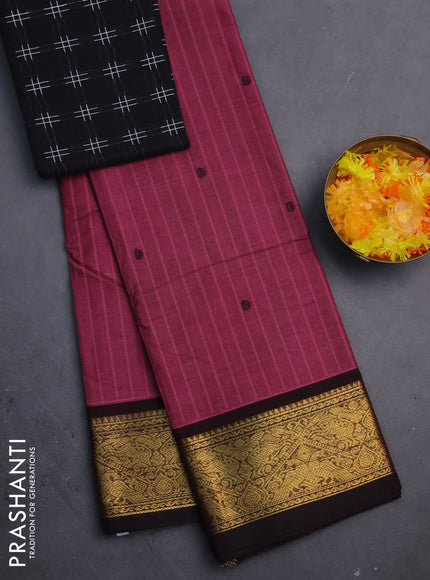Chettinad cotton saree mauve pink and deep coffee brown with thread woven buttas and zari woven border