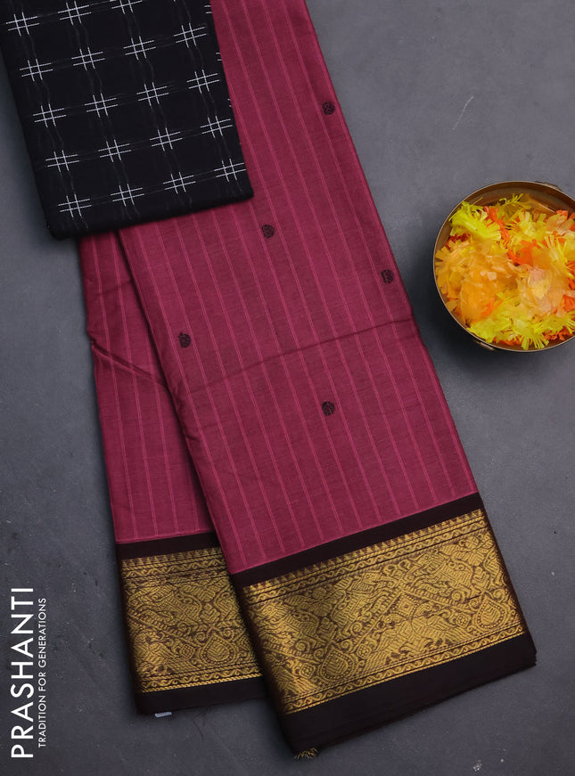 Chettinad cotton saree mauve pink and deep coffee brown with thread woven buttas and zari woven border