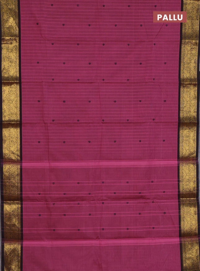 Chettinad cotton saree mauve pink and deep coffee brown with thread woven buttas and zari woven border