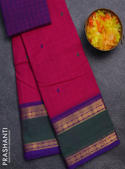 Chettinad cotton saree pink and green with allover checked pattern and rattapet zari woven border