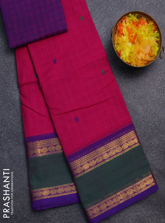 Chettinad cotton saree pink and green with allover checked pattern and rattapet zari woven border