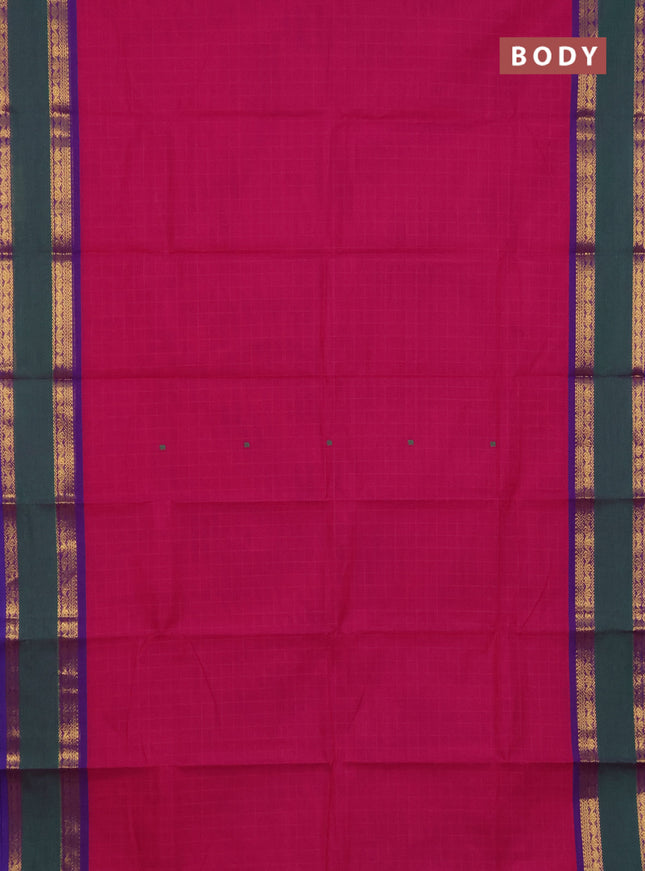 Chettinad cotton saree pink and green with allover checked pattern and rattapet zari woven border