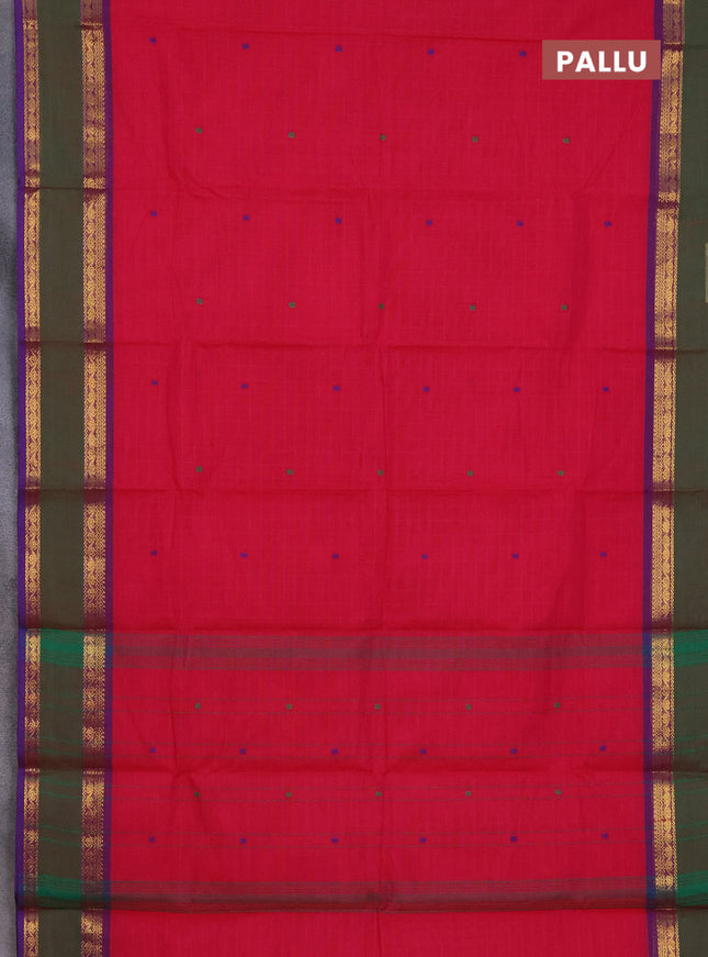 Chettinad cotton saree reddish pink and manthulir green with allover checked pattern and rattapet zari woven border