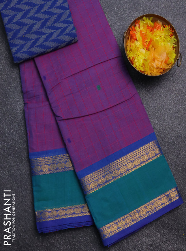 Chettinad cotton saree purple and teal green with allover checked pattern and rattapet zari woven border