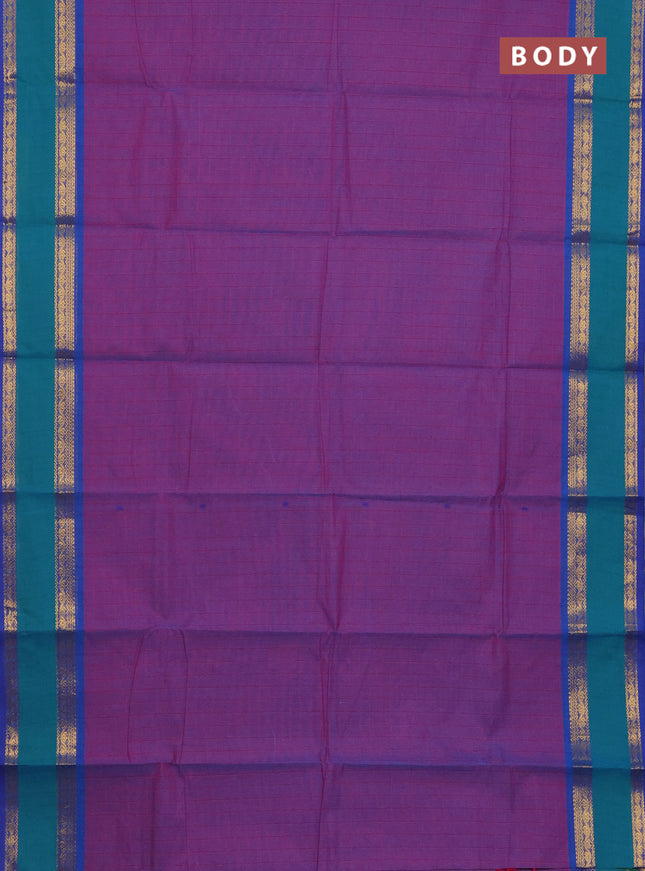 Chettinad cotton saree purple and teal green with allover checked pattern and rattapet zari woven border