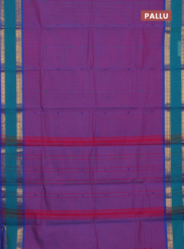 Chettinad cotton saree purple and teal green with allover checked pattern and rattapet zari woven border