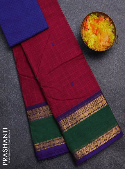 Chettinad cotton saree dark pink and green with allover checked pattern and rattapet zari woven border