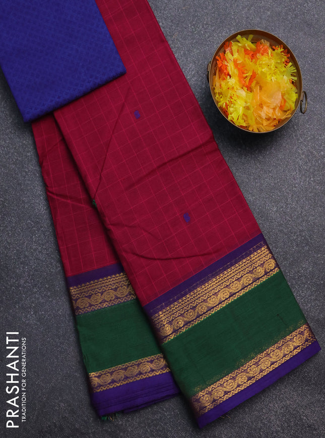 Chettinad cotton saree dark pink and green with allover checked pattern and rattapet zari woven border