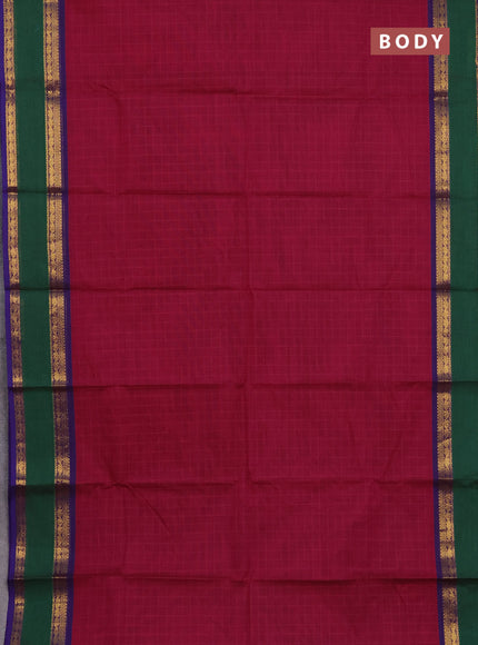 Chettinad cotton saree dark pink and green with allover checked pattern and rattapet zari woven border