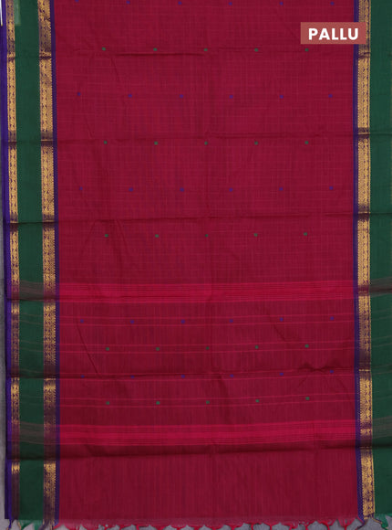 Chettinad cotton saree dark pink and green with allover checked pattern and rattapet zari woven border