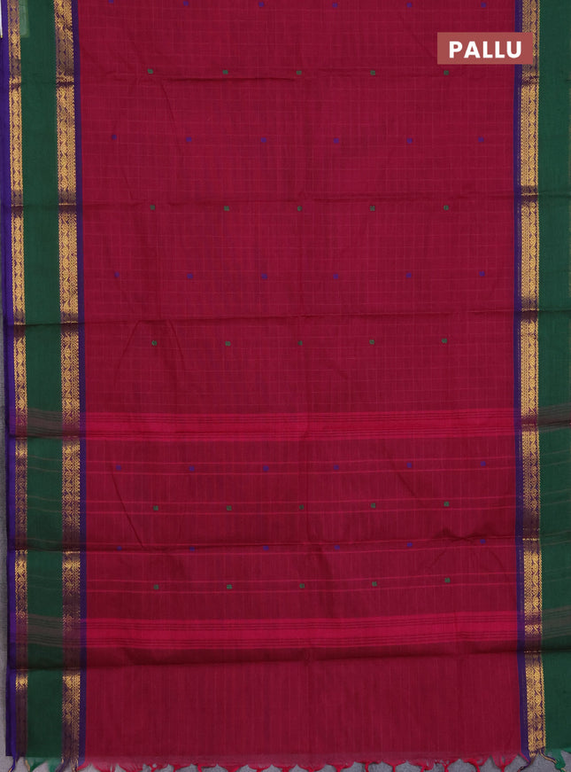 Chettinad cotton saree dark pink and green with allover checked pattern and rattapet zari woven border