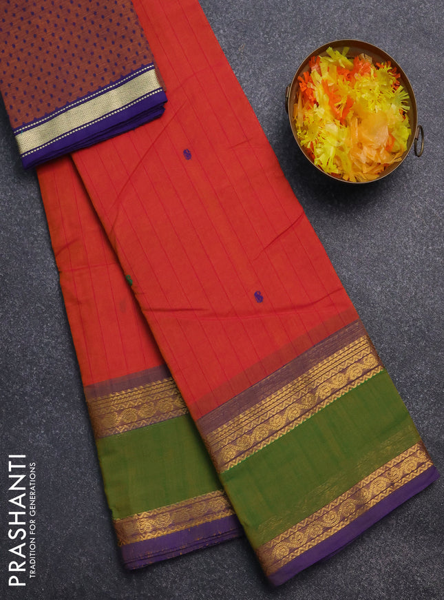 Chettinad cotton saree dual shade of orange and green with allover checked pattern and rattapet zari woven border