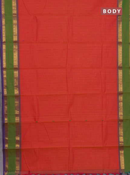 Chettinad cotton saree dual shade of orange and green with allover checked pattern and rattapet zari woven border