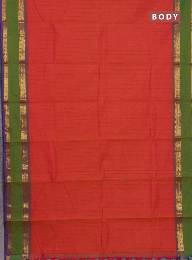 Chettinad cotton saree dual shade of orange and green with allover checked pattern and rattapet zari woven border