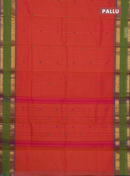 Chettinad cotton saree dual shade of orange and green with allover checked pattern and rattapet zari woven border