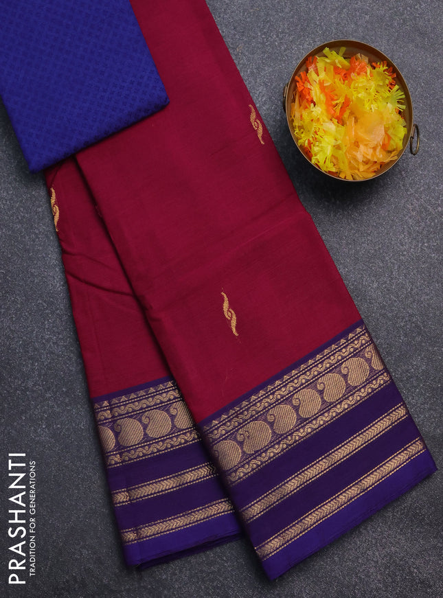 Chettinad cotton saree dark pink and voilet with thread woven buttas and temple disign zari woven border