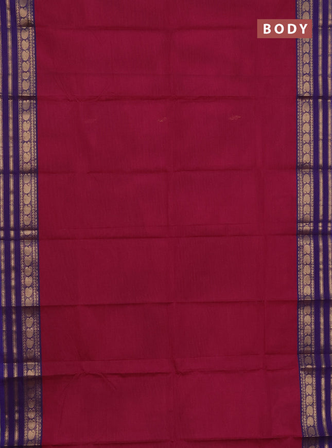 Chettinad cotton saree dark pink and voilet with thread woven buttas and temple disign zari woven border