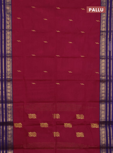 Chettinad cotton saree dark pink and voilet with thread woven buttas and temple disign zari woven border