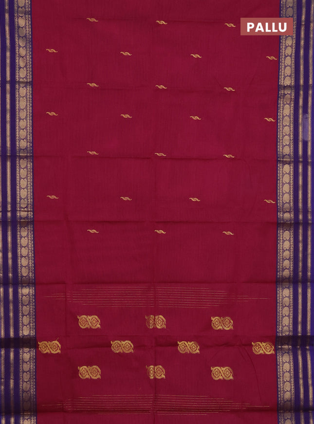 Chettinad cotton saree dark pink and voilet with thread woven buttas and temple disign zari woven border