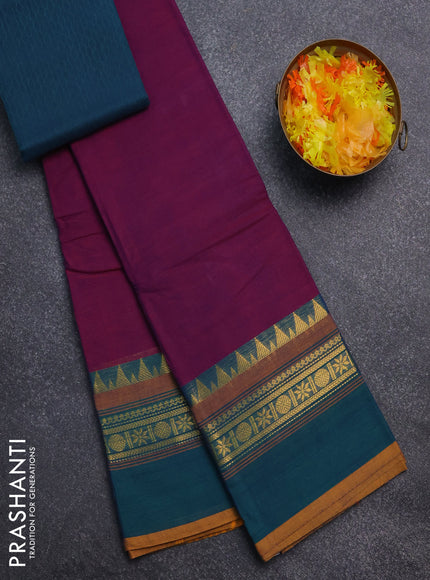 Chettinad cotton saree purple and peacock green with thread woven buttas and temple disign zari woven border
