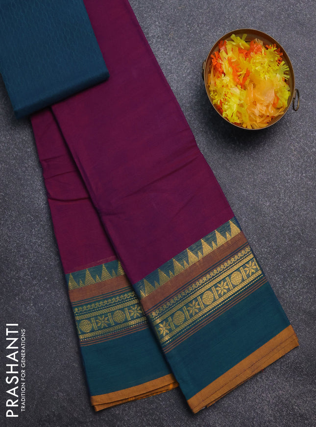 Chettinad cotton saree purple and peacock green with thread woven buttas and temple disign zari woven border