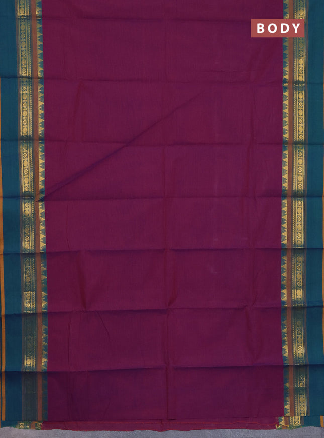 Chettinad cotton saree purple and peacock green with thread woven buttas and temple disign zari woven border