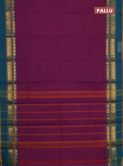 Chettinad cotton saree purple and peacock green with thread woven buttas and temple disign zari woven border