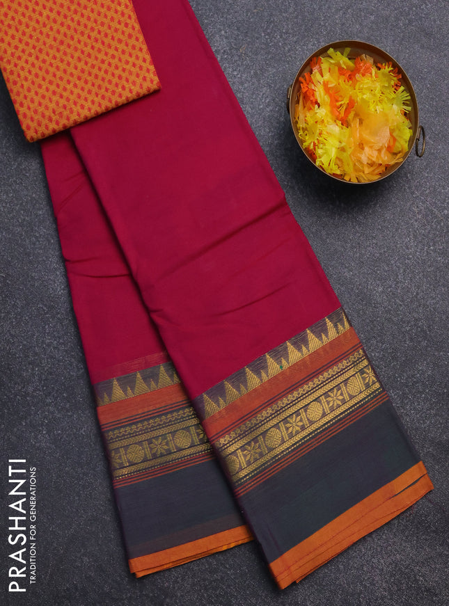 Chettinad cotton saree pink and dual shade of green with thread woven buttas and temple disign zari woven border