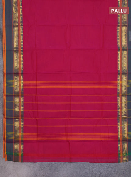 Chettinad cotton saree pink and dual shade of green with thread woven buttas and temple disign zari woven border