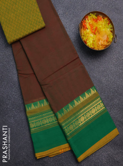 Chettinad cotton saree manthulir green and green with thread woven buttas and temple disign zari woven border