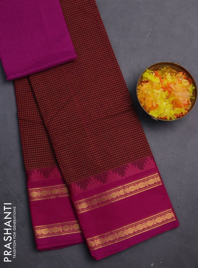 Chettinad cotton saree maroon and magenta pink with allover checked pattern and rattapet zari woven border