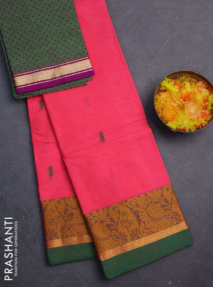 Chettinad cotton saree peach pink and green with thread woven buttas and thread & zari woven border