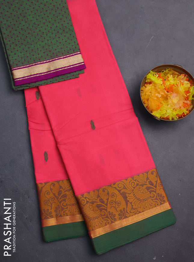 Chettinad cotton saree peach pink and green with thread woven buttas and thread & zari woven border
