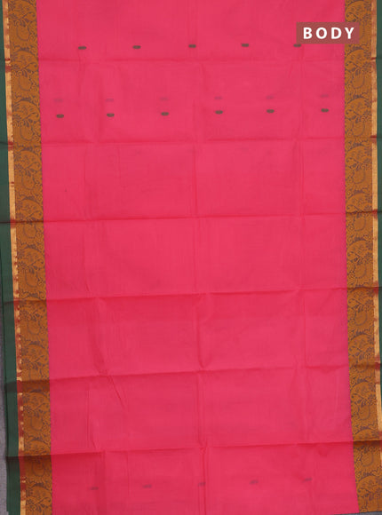 Chettinad cotton saree peach pink and green with thread woven buttas and thread & zari woven border