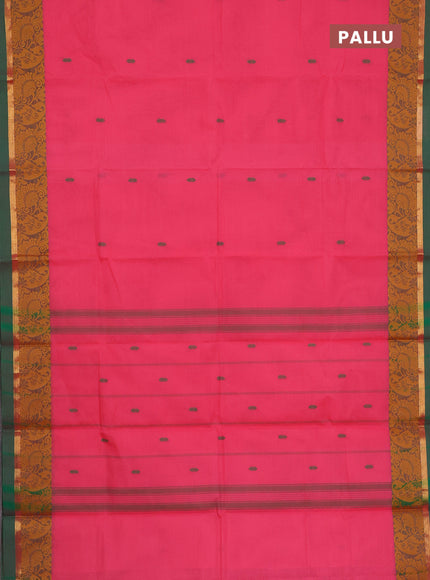Chettinad cotton saree peach pink and green with thread woven buttas and thread & zari woven border