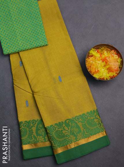 Chettinad cotton saree lime yellow and green with thread woven buttas and thread & zari woven border