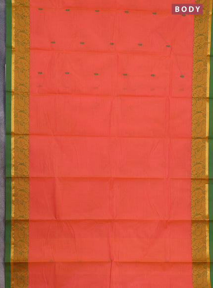 Chettinad cotton saree dual shade of pinkish orange and green with thread woven buttas and thread & zari woven border